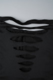 Black Sexy Solid Ripped Hollowed Out Backless Off the Shoulder Skinny Rompers