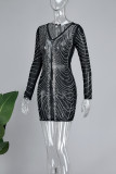 Black Sexy Patchwork Hot Drilling See-through V Neck Long Sleeve Dresses