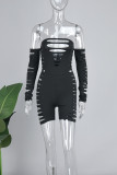 Black Sexy Solid Ripped Hollowed Out Backless Off the Shoulder Skinny Rompers