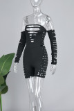 Black Sexy Solid Ripped Hollowed Out Backless Off the Shoulder Skinny Rompers