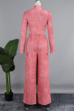 Pink Street Solid Patchwork Pocket Zipper O Neck Long Sleeve Two Pieces