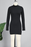 Grey Casual Solid Slit Turtleneck Long Sleeve Dresses