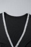 Black Street Solid Sequins Patchwork High Opening V Neck Long Dress Dresses