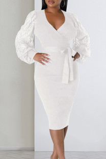 White Elegant Solid Lace Bandage Patchwork V Neck Pencil Skirt Dresses
