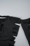 Black Sexy Solid Ripped Hollowed Out Backless Off the Shoulder Skinny Rompers