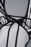 Black Sexy Print Hollowed Out Backless Slit Spaghetti Strap Long Dress Dresses