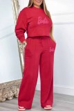 Rose Red Casual Print Letter O Neck Long Sleeve Two Pieces