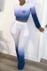 Deep Blue Casual Gradual Change Print Fold Letter O Neck Long Sleeve Two Pieces