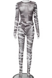 Blue Street Print Patchwork O Neck Long Sleeve Two Pieces