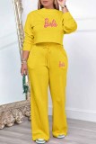 Yellow Casual Print Letter O Neck Long Sleeve Two Pieces