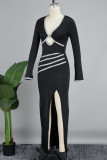 Black Street Solid Sequins Patchwork High Opening V Neck Long Dress Dresses