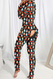 Red Living Print Patchwork Buttons Jumpsuits