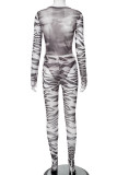 Blue Street Print Patchwork O Neck Long Sleeve Two Pieces