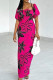Rose Red Sweet Print Patchwork Draw String Zipper Square Collar Printed Dress Dresses
