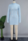 Blue Casual Solid Patchwork Turtleneck Long Sleeve Dresses