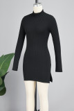 Grey Casual Solid Slit Turtleneck Long Sleeve Dresses
