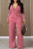 Pink Street Solid Patchwork Pocket Zipper O Neck Long Sleeve Two Pieces