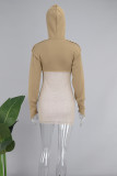 Khaki Sexy Color Block Patchwork Contrast Hooded Collar Sheath Dresses