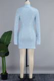 Blue Casual Solid Patchwork Turtleneck Long Sleeve Dresses