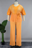 Yellow Elegant Solid Bandage Patchwork Fold V Neck Plus Size Two Pieces