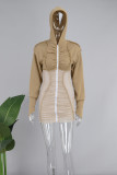 Khaki Sexy Color Block Patchwork Contrast Hooded Collar Sheath Dresses