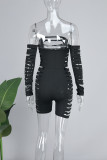 Black Sexy Solid Ripped Hollowed Out Backless Off the Shoulder Skinny Rompers