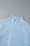Blue Casual Solid Patchwork Turtleneck Long Sleeve Dresses