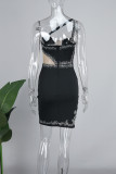 Black Sexy Patchwork Hot Drilling See-through Backless Oblique Collar Wrapped Skirt Dresses