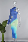 Blue Casual Print Hollowed Out Half A Turtleneck Irregular Dress Dresses