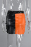 Orange Sexy Casual Patchwork Slit Contrast Skinny High Waist Conventional Patchwork Skirts
