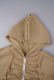 Khaki Sexy Color Block Patchwork Contrast Hooded Collar Sheath Dresses