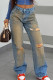 Blue Street College Solid Ripped Make Old Patchwork Pocket Buttons Zipper Low Waist Straight Denim Jeans