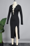 Black Sexy Casual Solid Hollowed Out Slit V Neck Long Sleeve Dresses