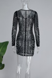 Black Sexy Patchwork Hot Drilling See-through V Neck Long Sleeve Dresses