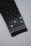 Black Casual Solid Tassel Patchwork See-through Hot Drill Zipper O Neck Regular Jumpsuits