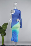 Blue Casual Print Hollowed Out Half A Turtleneck Irregular Dress Dresses