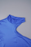 Blue Casual Print Hollowed Out Half A Turtleneck Irregular Dress Dresses