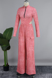 Pink Street Solid Patchwork Pocket Zipper O Neck Long Sleeve Two Pieces