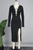 Black Sexy Casual Solid Hollowed Out Slit V Neck Long Sleeve Dresses