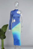 Blue Casual Print Hollowed Out Half A Turtleneck Irregular Dress Dresses