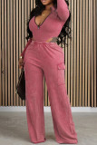 Pink Street Solid Patchwork Pocket Zipper O Neck Long Sleeve Two Pieces