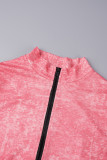 Pink Street Solid Patchwork Pocket Zipper O Neck Long Sleeve Two Pieces