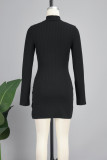 Grey Casual Solid Slit Turtleneck Long Sleeve Dresses