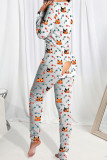 Red Living Print Patchwork Buttons Jumpsuits