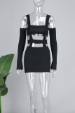 Grey Sexy Casual Solid Hollowed Out Square Collar Long Sleeve Dresses