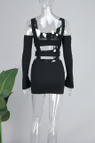Grey Sexy Casual Solid Hollowed Out Square Collar Long Sleeve Dresses
