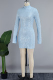 Blue Casual Solid Patchwork Turtleneck Long Sleeve Dresses