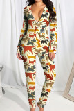 White Living Print Patchwork Buttons Jumpsuits