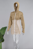 Khaki Sexy Color Block Patchwork Contrast Hooded Collar Sheath Dresses