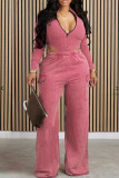 Pink Street Solid Patchwork Pocket Zipper O Neck Long Sleeve Two Pieces